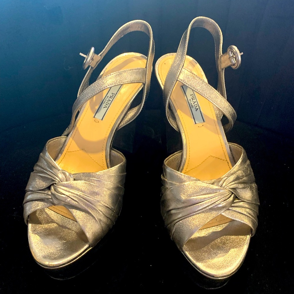 Prada womens wedge heel silver sandal size 37